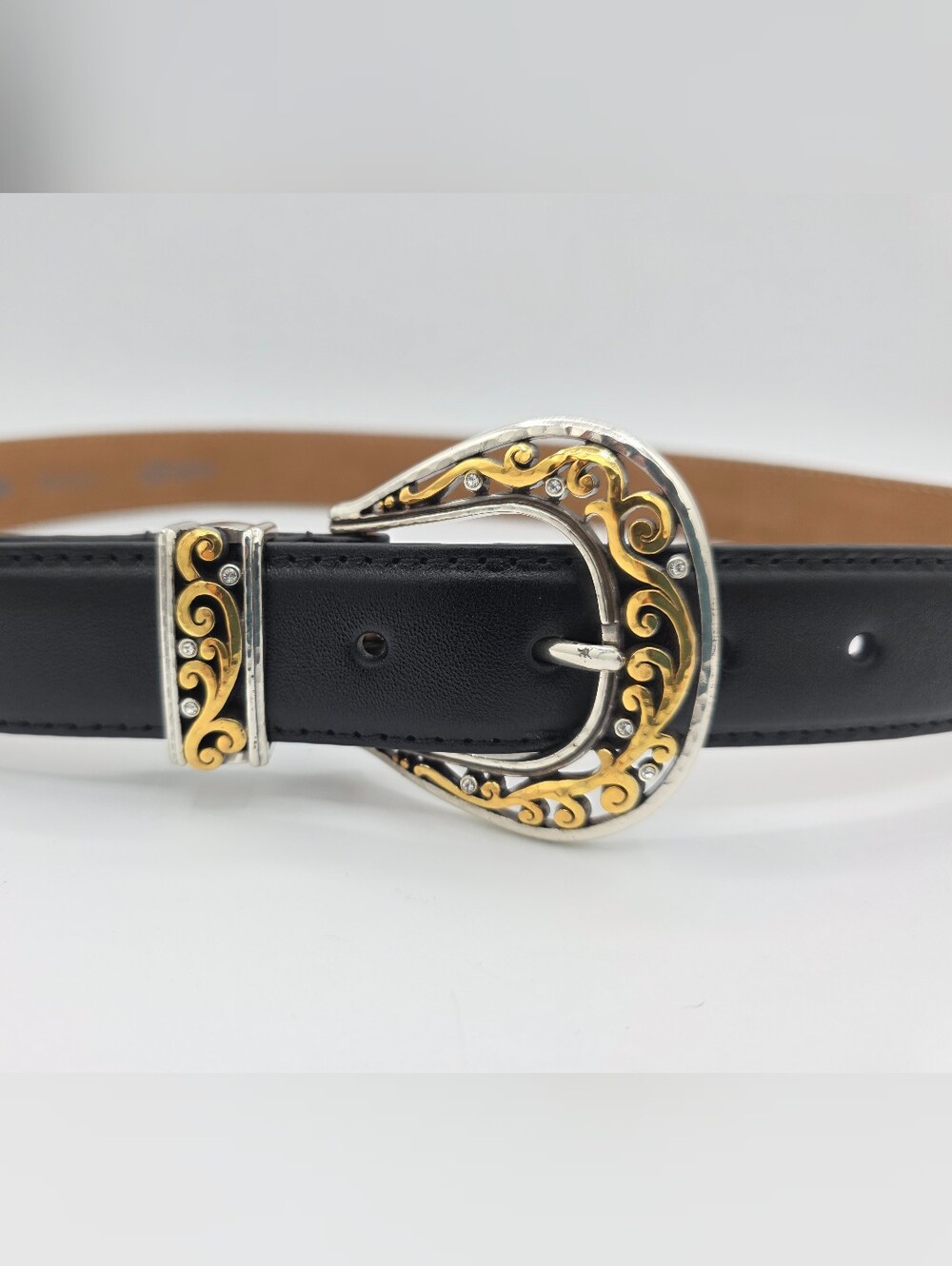 Brighton B60293 Black‎ Leather Belt Retired Two Tone Scroll Buckle Size 38